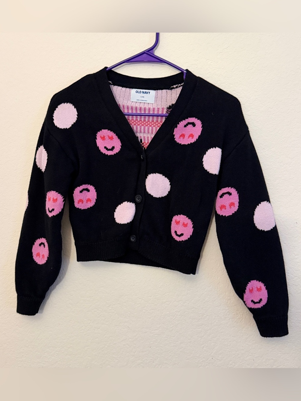 Old Navy Black Cardigan with Pink Smiley Dots